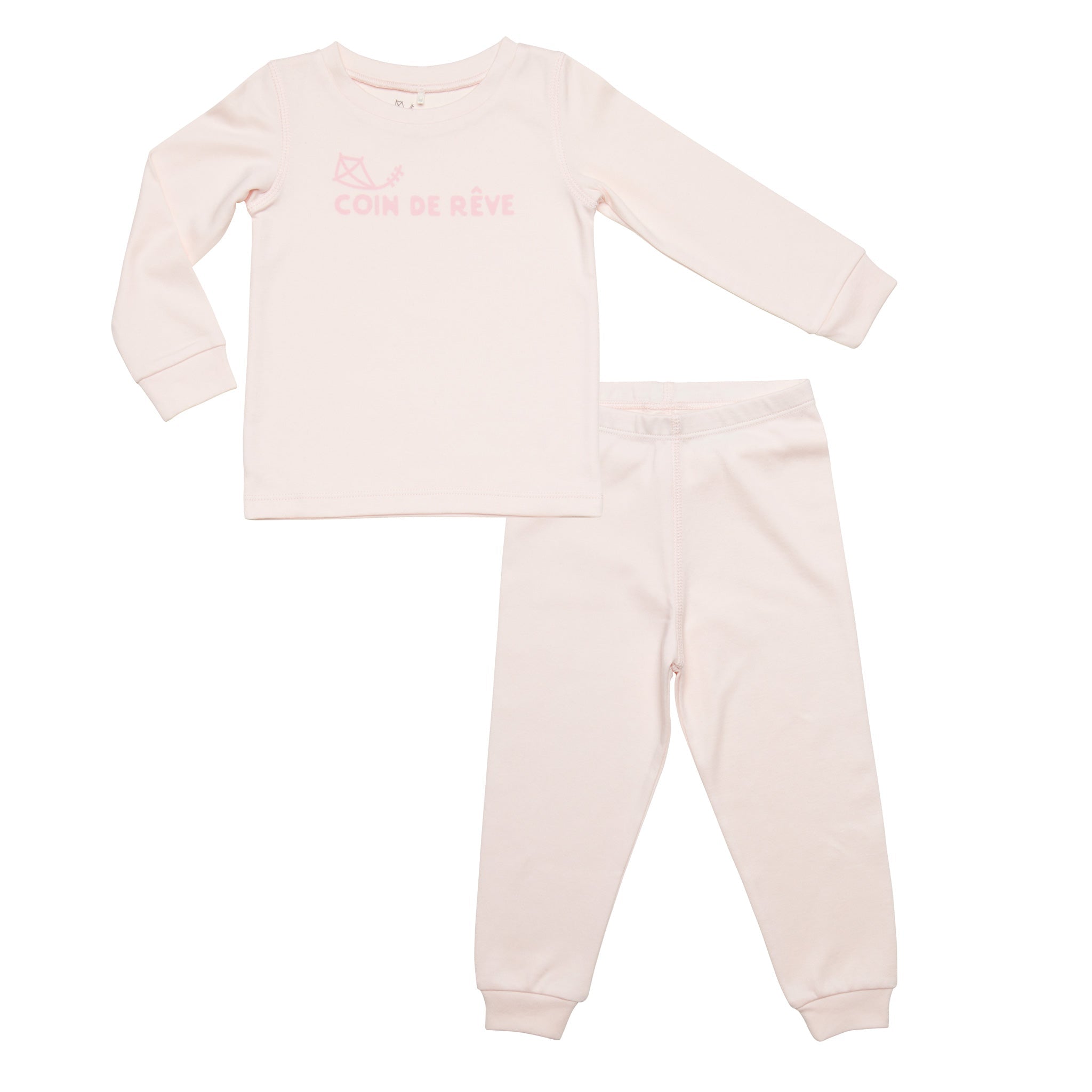 Rosa tvådelad pyjamas i ekologisk bomull med tryckt Coin de Rêve logo på bröstet