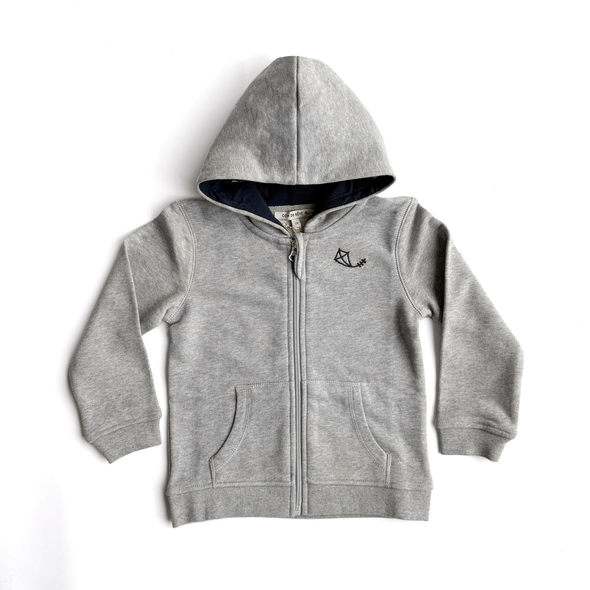 Osaka Zip Hoodie i gråmelange med navyfodrad luva, ekologisk bomull, liggande på vit bakgrund