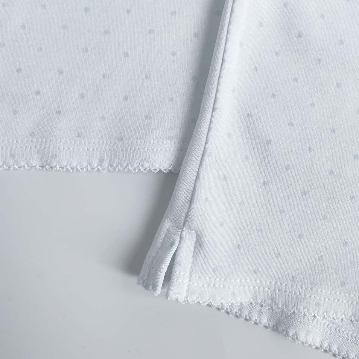 Detalj från kort pyjamas för flicka i ekologisk bomull med mintfärgade prickar